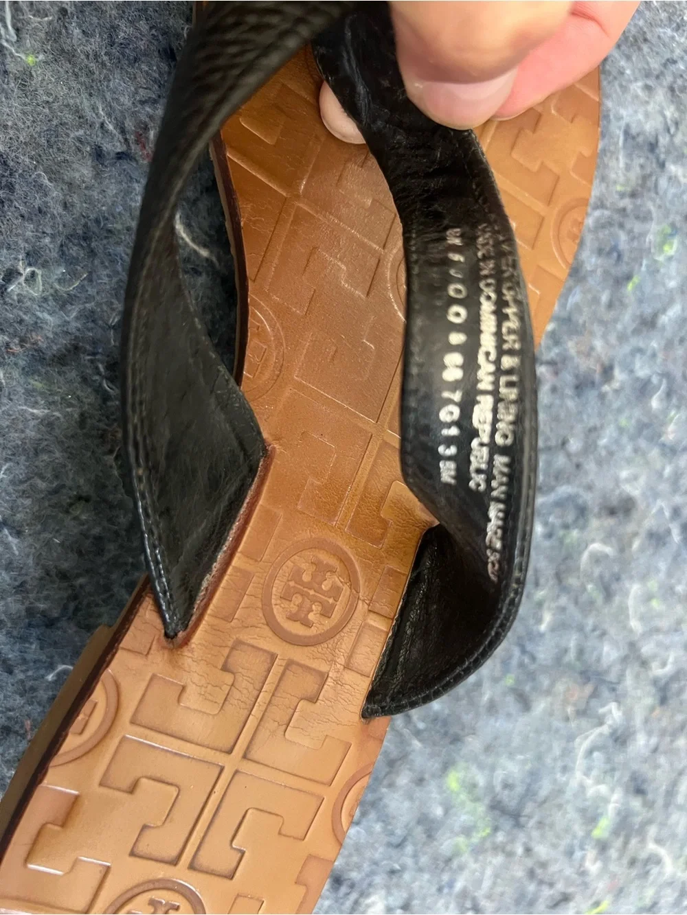 Tory Burch Black Strappy Logo Thong Sandals with Brown Footbed